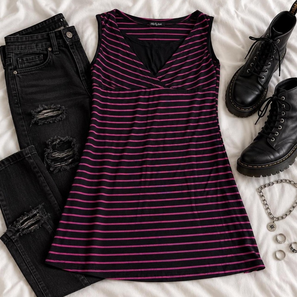 striped mini dress y2k baby phat fits like a small black and pink striped mini